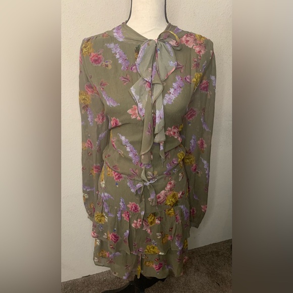 NWOT PAIGE Elynne Floral Long Sleeve Silk Chiffon Dress in Moss Multi Size XL - Picture 3 of 13